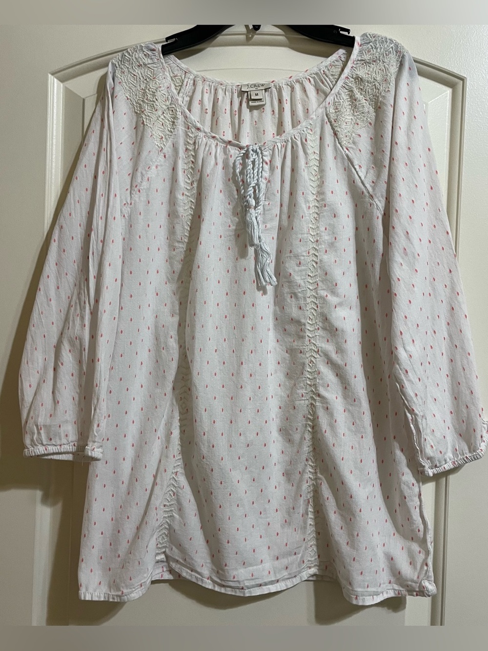 J. Crew Women’s White Peasant Blouse with Pink Accents & Embroidery M NO CARE TA